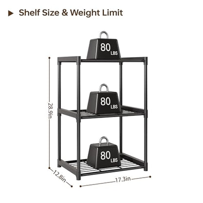 3-Tier Storage Shelves with Plastic Connectors – Metal Shelf Organizer for Pantry, Closet & Bathroom, Space-Saving Sturdy Shelving Unit Rack, Black, 17.3" x 12.8" x 28.9" - size: 17.3" x 12.8" x 28.9"(3T)
