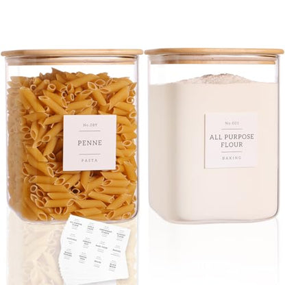 2 Pack Square Glass Flour and Sugar Containers with 132 Kitchen Pantry Labels - Thicken 120 FL OZ Large Glass Storage Jars with Airtight Bamboo Lid - Big Food Canisters for Cookies, Rice, Coffee - size: 120OZ