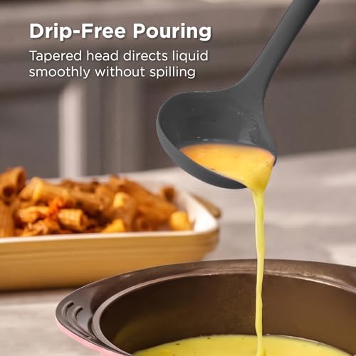 Kitchen Mama DuoEssentials Ladle & Cooking Spoon Set, Metal Gray | Silicone, Heat Resistant, One-Piece Design, For Nonstick Cookware, For Soup, Stirring, Serving & Sauteing - color: Metal Gray