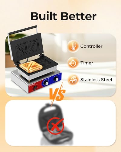 Commercial Sandwich Press, 110V Electric Sandwich Maker w/Adjustable Temp 0–550°F & Timer, Stainless Steel Panini Press Sandwich Maker w/Non-Stick Plates, Makes 2 Grilled Cheese Sandwiches - style: 4 slice