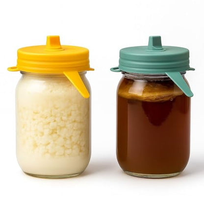 Fermentation Lids for Mason Jars, Silicone Airlock Lids for Sauerkraut, Kimchi & Pickles, Self-Adjusting, Fits Wide & Small Mouth Jars, Starter Kit of 2 - color: Green & Yellow 2.5"