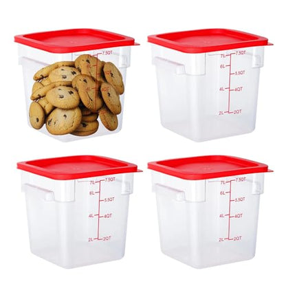 BIEAMA 4 Pack Food Storage Containers, 8 Quart with Lids, Square Commercial Containers with Scale, NSF, Polycarbonate, Clear - color: 8Qt-4 Pack(Red Lids)
