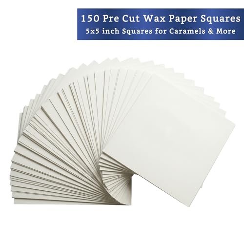 Wax Paper Candy Wrappers 150-pk (5x5 in) - Candy Wrappers for Caramels | Nonstick Wax Paper Squares - Candy Wrappers for Homemade Candy - Pre Cut Parchment Squares - Taffy & Caramels - size: 5 x 5 inch (Pack of 150)