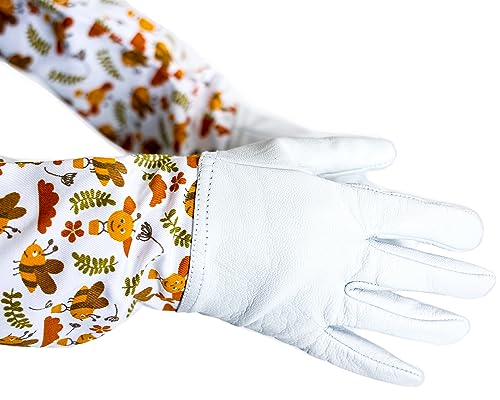 Kids Goatskin Leather Gloves for children Hand- Arm protection With Honey Bee Printed Long Sleeve (Small) - size: Small