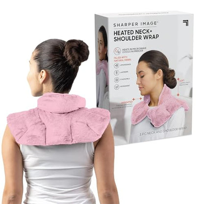 Sharper Image Heated Neck & Shoulder Wrap - Microwavable Warm & Cooling Plush Pad, Scented Aromatherapy (100% Natural Lavender & Herb Spa Blend), Pain Tension Headache Relief Therapy, Gift for Women - color: Pink