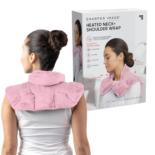Sharper Image Heated Neck & Shoulder Wrap - Microwavable Warm & Cooling Plush Pad, Scented Aromatherapy (100% Natural Lavender & Herb Spa Blend), Pain Tension Headache Relief Therapy, Gift for Women - color: Pink