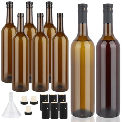 GUANENA 8 Pack 750ml Dark Amber Glass Bottles with Cork Lids and PVC Shrink Capsules, Empty Home Brewing Wine Bottles with Funnel for Sparkling Wine, Juice, Kombucha, Beverages - color: Dark Amber