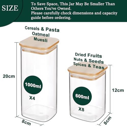 LIBWYS 12-Pack Square Glass Storage Jars with Bamboo Lids (0.6Qt/1.06Qt) - Stackable Food Containers for Pantry Organization, Coffee, Flour, Snacks, Tea | Kitchen Canisters Set