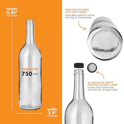 FastRack 750 ml Clear Bordeaux Wine Bottles (Pack of 12) Screw top finish with 12 Black PLASTIC caps | W5 Flint Flat-Bottomed Glass Bottles Ideal for Wine Making and Storage