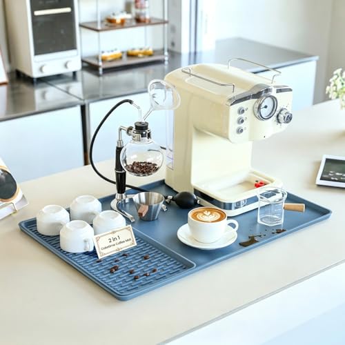 2 In 1 Extra Large 16"x24" Silicone Coffee Bar Mat Accessories Heat Resistant for espresso Machine with Detachable Dish Drying Rug Kitchen Office House Home Essentials Barista Stuff Women Gifts - color: Blue, size: 24" x 16"
