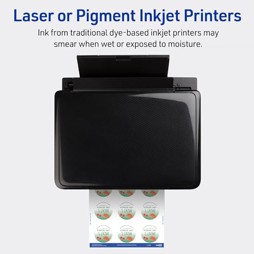 Avery Durable Waterproof Labels, Sure Feed Technology, 2" Diameter, Matte White, Laser/Pigment-Inkjet Printable, 96 Blank Labels, Great for Food Containers, Product Merchandising, and More (5657)