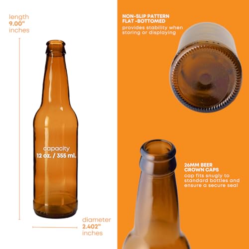 FastRack Amber Beer Bottles 12oz (Pack of 24) | Longneck Glass Beer Bottles w/Crown Finish for Home Brewing Mead, Cider & Kombucha | Durable Brewing Bottle & Bottling Kit - size: 12 oz - Pack of 24