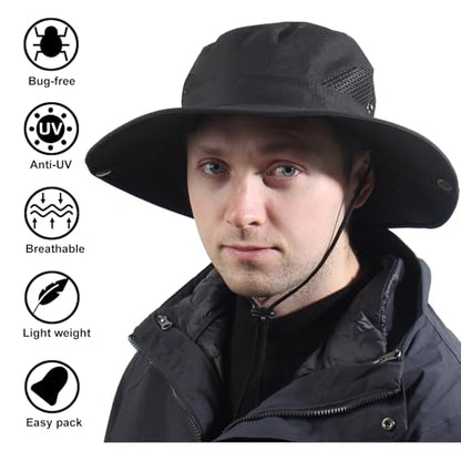 CAMOLAND Sun Hat with Removable Mesh Head Net Safari Hat Outdoor UV Protection - color: Black Hat With Net