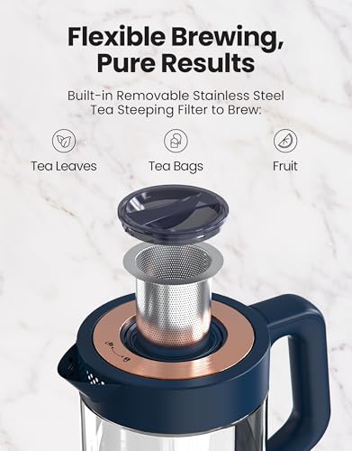 Viante Alba Electric Tea Kettle, Infuser, No Plastic, 1.5L, Midnight Blue | Borosilicate glass & 304 stainless steel construction. 4 temp presets, keep-warm, cordless, auto shut-off - style: Midnight Blue