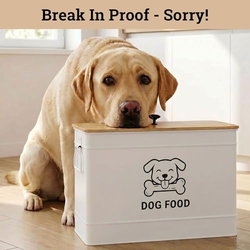 Dog Food Container Airtight 15 lb (50 Cup) Capacity with Metal Scoop - Cute Airtight Dog Food Storage Container with Bamboo Lid - White Metal Kibble Storage Bin for Dogs up to 100 lbs - Big Pet Jar - color: White