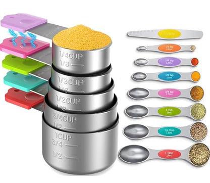 Magnetic Measuring Cups and Spoons Set, 5 Nesting Stainless Steel Measuring Cup Set with Easy to Read Markings, 7 Magnetic Measuring Spoons & 1 Leveler for Measuring Dry or Liquid Ingredients - style: A-Magnetic 13PCS