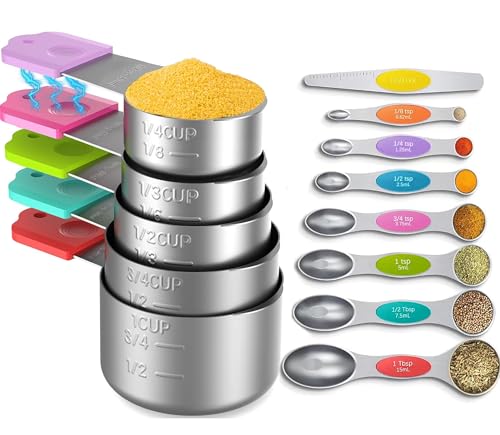 Magnetic Measuring Cups and Spoons Set, 5 Nesting Stainless Steel Measuring Cup Set with Easy to Read Markings, 7 Magnetic Measuring Spoons & 1 Leveler for Measuring Dry or Liquid Ingredients - style: A-Magnetic 13PCS
