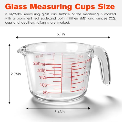 1 Cup Glass Measuring Cups, Clear Borosilicate Glass Liquid Measuring Cup | Kitchen & Baking Microwave Safe One Glass Measuring Cups, 8 OZ/250ML Small Glass Measuring Cup