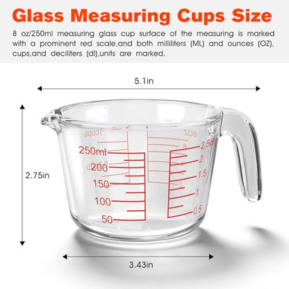 1 Cup Glass Measuring Cups, Clear Borosilicate Glass Liquid Measuring Cup | Kitchen & Baking Microwave Safe One Glass Measuring Cups, 8 OZ/250ML Small Glass Measuring Cup