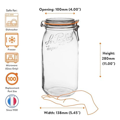Le Parfait Super Jar 3L (96oz) French Glass Preserving Jar w/Airtight Rubber Seal & Wire Bail Closure - BPA-Free Canning Jar for Pickles, Fruits, Sauces & Food Storage - Made in France Since 1930 1PK - color: 96oz (Single)