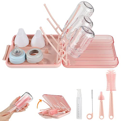 YomauiYee Baby Bottle Brush Set-6 in 1 Bottle Brush Cleaner with Silicone Bottle Brush,Drying Rack,Nipple Brush,Straw Brush,Soap Dispenser&Storage Box-Baby Essentials Gifts for Home&Travel(Pink) - color: Pink