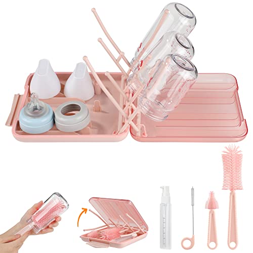YomauiYee Baby Bottle Brush Set-6 in 1 Bottle Brush Cleaner with Silicone Bottle Brush,Drying Rack,Nipple Brush,Straw Brush,Soap Dispenser&Storage Box-Baby Essentials Gifts for Home&Travel(Pink) - color: Pink