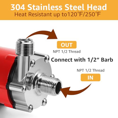 MRbrew Wort Pump Stainless Steel for Wort Transfer, Magnetic Beer Pump Brew with 1/2” NPT Thread Head, Quiet Operation & Excellent High Temperature Resistance System Beer Brewing Kit (RED) - size: Red Pump