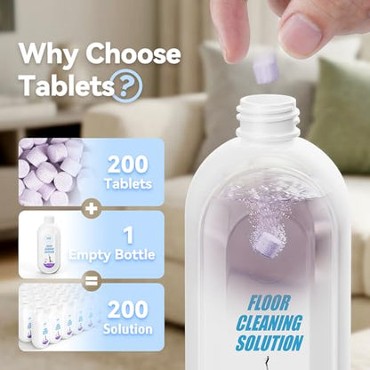 Floor Cleaning Tablets Kit Compatible with Tineco Cleaning Solution, 200 Count Lavender Scent Multi-Surface Floor Cleaner Tablets with 250ml Mixing Bottle, for All Robot Vacuum Mop Hardwood Tile