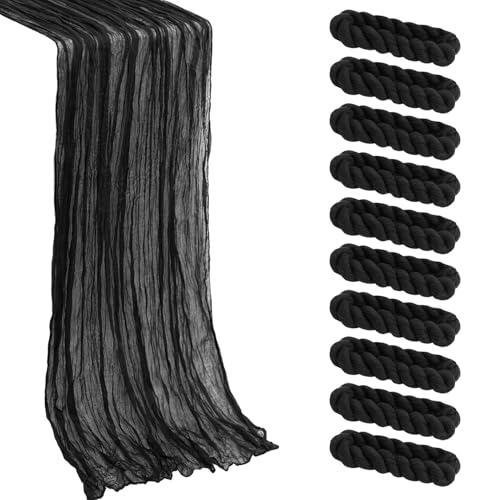 10 Pack Black Cheesecloth Table Runner -21*120Inch Long Boho Wedding Table Decor, Rustic Gauze Fabric Runner for Bridal Showers, Baby Showers & Parties (Sheer, Lightweight, Wrinkled Design) - color: Black, size: 120*21-10pack