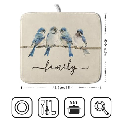 Home Blue Bird Family Dish Drying Mat for Kitchen Counter,Spring Summer Drying Mat 16 x 18 Inch with Absorbent Reversible Microfiber Drying Pad for Coffee Bar - size: 16" x 18"