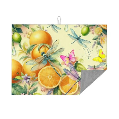 Kitchen Drying Mat for Countertop Citrus Dragonfly Botanical Pattern Non-Slip Kitchen Counter Mat for Dishes Glassware - color: Orange Yellow