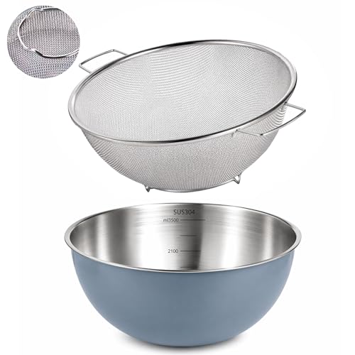 304 Stainless Steel Rice Washing Bowl and 40 Mesh Strainer Set, 3.5QT | 40-mesh strainer helps prevent grain loss while measurement marks and sturdy handles make rinsing and draining easier. - color: Gray