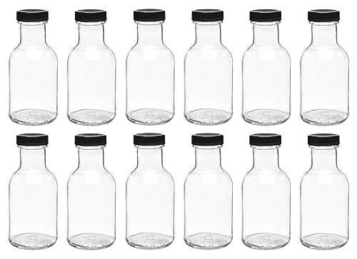 North Mountain Supply 8 Ounce Glass Stout Sauce Bottle - with 38mm Black Plastic Lids - Case of 12 - size: Small