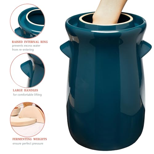 Fermentation Crock 3.8Liter/1 Gallon Stoneware Pot for Fermenting, Pickling Kimchi, Pickles, Vegetables, Kombucha - Glazed Fermenter with Stone Weights, Lid & Pickle Tamper-Blue Crock