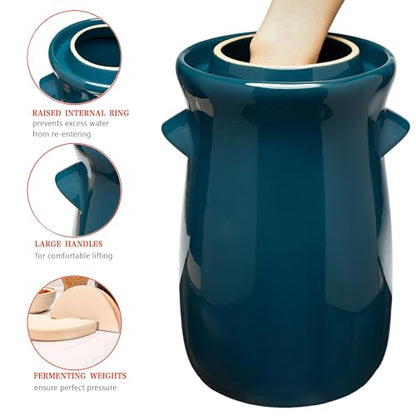 Fermentation Crock 3.8Liter/1 Gallon Stoneware Pot for Fermenting, Pickling Kimchi, Pickles, Vegetables, Kombucha - Glazed Fermenter with Stone Weights, Lid & Pickle Tamper-Blue Crock