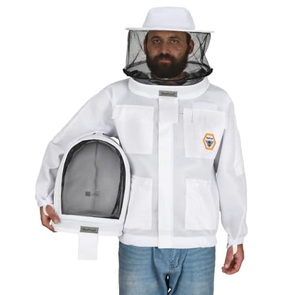 Bee Jacket Mesh Ventilation for Professional Beekeeper's Total Protection - Light Weight - YKK Zipper with Carring Bag 2 Veil Options (Fencing & Round) BP-401 (White - L) - color: White, size: L