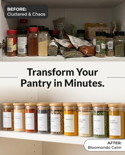 Bloomondo Glass Spice Jars with Label Pack (12x Bamboo Lid Glass Jar) Small 6oz Empty Spice Storage Bottles with 112 Printed Stickers and 48 Writable Pantry Labels for Seasoning Containers