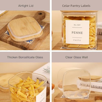 6 Pack Square Glass Pantry Storage Containers with 132 Kitchen Food Pantry Labels - 24 floz Clear Glass Pantry Jars with Airtight Wood Bamboo Lids - Glass Canisters for Sugar, Cereal, Coffee, Spice - size: 24oz-6pack
