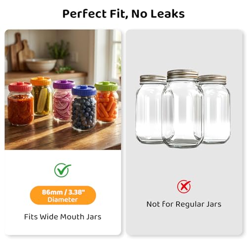 Fermentation Lids, Self-Burping Airlock Lids for Wide Mouth Mason Jars (86mm)|Heavy-Duty 100% Silicone, One-Piece Seamless Hygienic Design|Upgrade Your Jar for Sauerkraut & Kimchi (5-Pack Rainbow) - style: 5 Pack - Wide Mouth