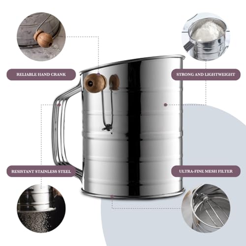 Bellemain 5 Cup Flour Sifter for Baking Fine Mesh Rotary Hand Crank with Loop Agitator for Quick Sifting, Flour Sifter Stainlees Steel - size: 5 Cup