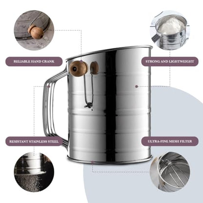 Bellemain 5 Cup Flour Sifter for Baking Fine Mesh Rotary Hand Crank with Loop Agitator for Quick Sifting, Flour Sifter Stainlees Steel - size: 5 Cup