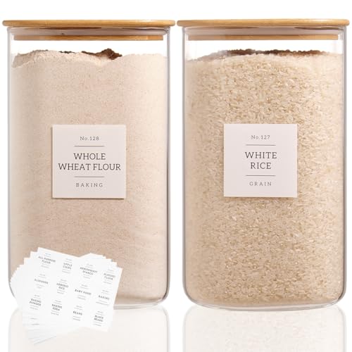 2 Pack large Square Glass Flour and Sugar Containers with 132 Kitchen Pantry Labels - Thicken 149 floz Glass Storage Jars with Airtight Bamboo Lid - Big Rice Canisters for Coffee, Pasta, Cereal - size: 149oz-2pack