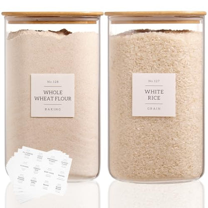 2 Pack large Square Glass Flour and Sugar Containers with 132 Kitchen Pantry Labels - Thicken 149 floz Glass Storage Jars with Airtight Bamboo Lid - Big Rice Canisters for Coffee, Pasta, Cereal - size: 149oz-2pack