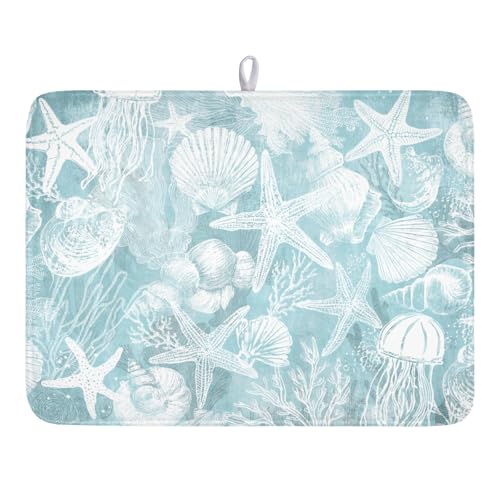 Summer Sea Shell Drying Mat 24x18 Inch, Teal Starfish Drying Mat with Absorbent Reversible Microfiber, Coastal Dish Drainer Mats Holiday Ocean Rack Pad for Coffee Countertop Kitchen Protector - color: Teal Blue White, size: 24" x 18"