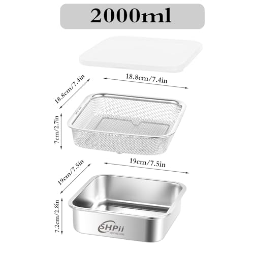 Square Colander Set, 304 Stainless Steel with PE Lid, Storage Container, Tofu Drainer, Back of House Preparation, Washing and Drainage Tools, Refrigerator Storage, Picnic Party (2000ML) - color: Square-2000ml