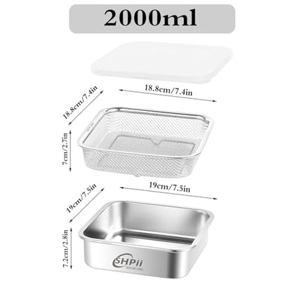 Square Colander Set, 304 Stainless Steel with PE Lid, Storage Container, Tofu Drainer, Back of House Preparation, Washing and Drainage Tools, Refrigerator Storage, Picnic Party (2000ML) - color: Square-2000ml