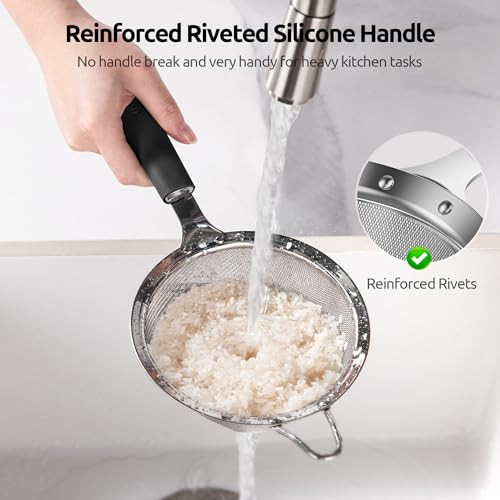 U-Taste Medium Fine Mesh Strainer: 18/8 Stainless Steel 4.73in 30 Mesh Kitchen Food Sieve with Sturdy Riveted Silicone Handle, Heavy Duty Deep Handheld Metal Colander for Rice, Quinoa, Flour (Black) - color: (2) Black, size: M-4.73in