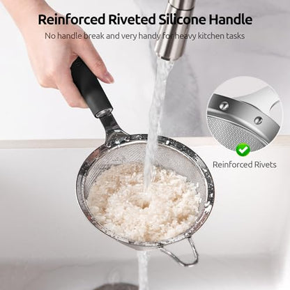 U-Taste Medium Fine Mesh Strainer: 18/8 Stainless Steel 4.73in 30 Mesh Kitchen Food Sieve with Sturdy Riveted Silicone Handle, Heavy Duty Deep Handheld Metal Colander for Rice, Quinoa, Flour (Black) - color: (2) Black, size: M-4.73in