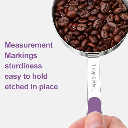 Bopei Measuring Cups and Spoons Set Stainless Steel 10 Piece for Cooking and Baking (5 Cups + 5 Spoons, Purple Handle) - color: Purple