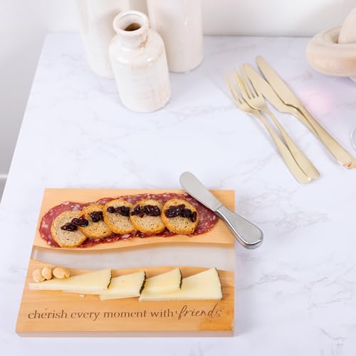 Pavilion Gift Company - Cherish Every Moment With Friends - 9" x 7" Serving Cheese Bread Wooden & Resin Board With Brushed Silver Spreader Knife Set Housewarming Hostess Host Charcuterie Friendship